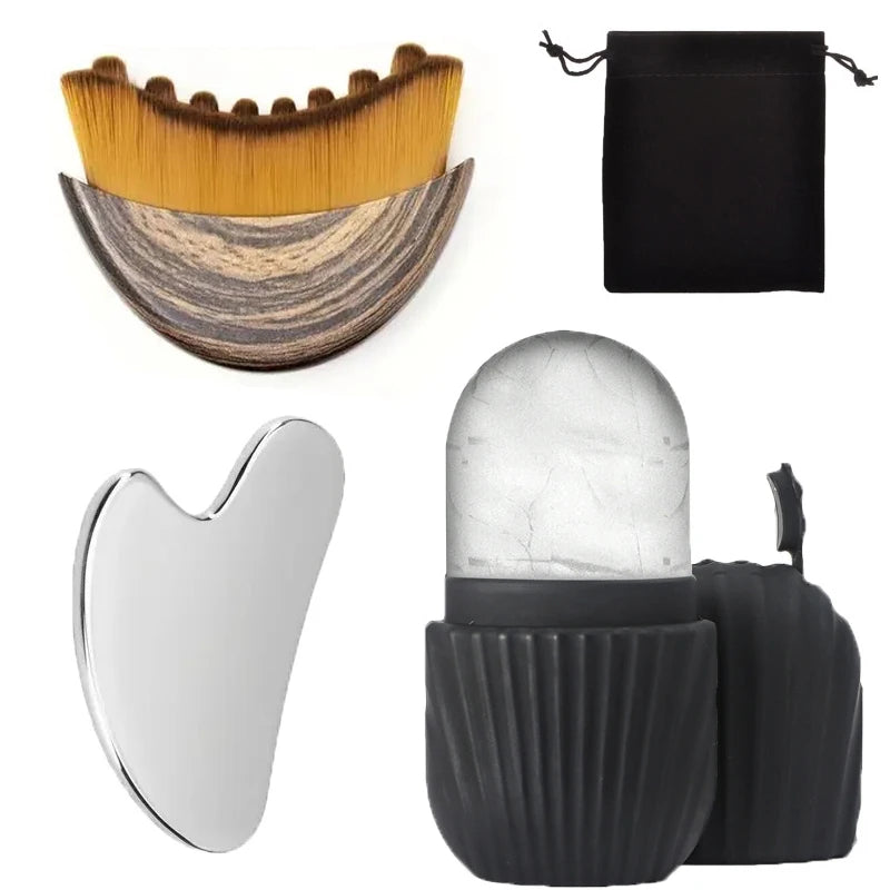 ALL IN ONE Rodillo de hielo facial de acero inoxidable, tabla Gua Sha, set de cepillo facial para drenaje linfático, kit de masaje facial, herramientas de cuidado de la piel y belleza.