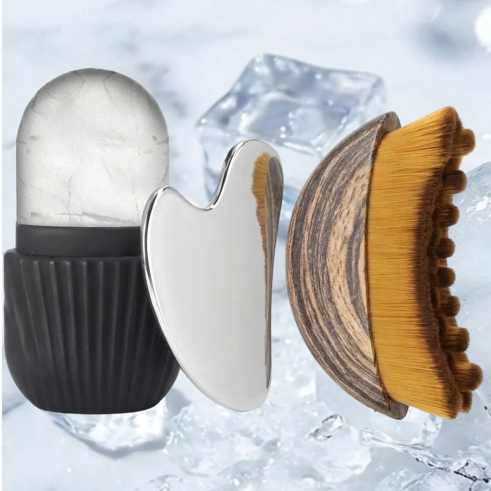ALL IN ONE Rodillo de hielo facial de acero inoxidable, tabla Gua Sha, set de cepillo facial para drenaje linfático, kit de masaje facial, herramientas de cuidado de la piel y belleza.