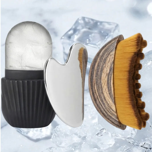 ALL IN ONE Rodillo de hielo facial de acero inoxidable, tabla Gua Sha, set de cepillo facial para drenaje linfático, kit de masaje facial, herramientas de cuidado de la piel y belleza.